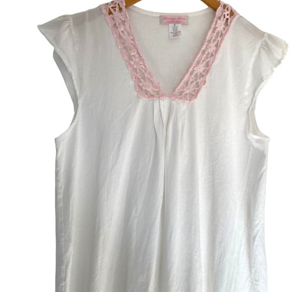 Schweitzer Linen Nightgown XL White Cotton W/ Pink Crochet Trim Flutter Cap Slvs - Picture 1 of 5